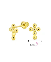 Bling Jewelry Tiny Minimalist Religious Christian Mini Ball Bubble Cross Stud Earrings For Women 14K Yellow Gold Safety Screw back