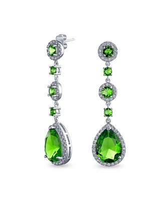 Bling Jewelry Classic Jewelry Fashion Statement Triple Round Pave Green Clear Cz Halo Long Linear Pear Shape Dangle Teardrop Chandelier Earrings For W