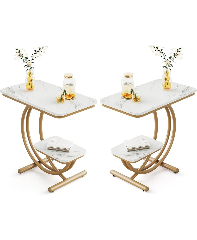 Tribesigns Modern Side Table Set of 2, with Faux Marble Tabletop, 2-Tier End Table with C-shaped Metal Legs for Living Room, White and Gold