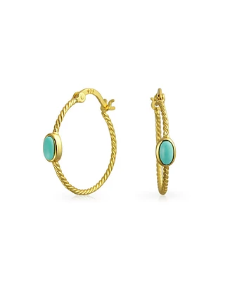 Bling Jewelry Twisted Cable Rope Thin Hoop Earrings Stabilized Turquoise Accent Western Jewelry For Women 14K Gold Plated .925 Sterling Silver .75 Inc