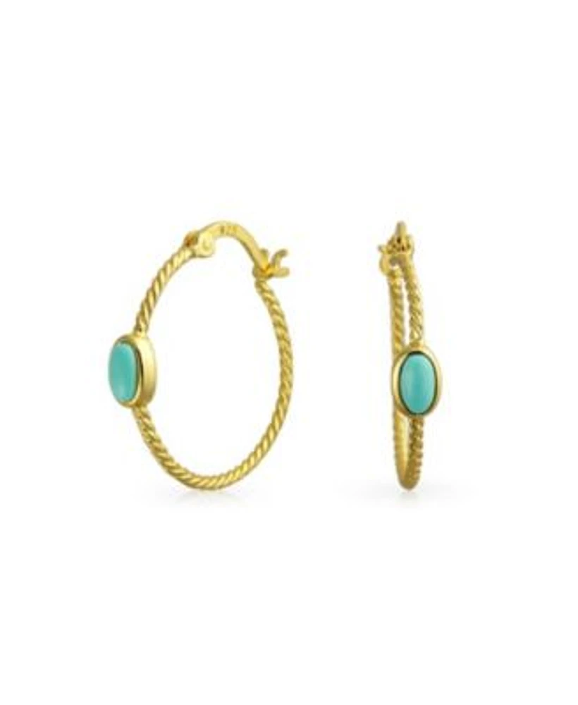 Bling Jewelry Twisted Cable Rope Thin Hoop Earrings Stabilized Turquoise Accent Western Jewelry Gold Plated .925 Sterling Silver