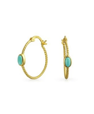 Bling Jewelry Twisted Cable Rope Thin Hoop Earrings Stabilized Turquoise Accent Western Jewelry Gold Plated .925 Sterling Silver