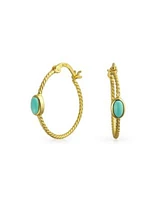 Bling Jewelry Twisted Cable Rope Thin Hoop Earrings Stabilized Turquoise Accent Western Jewelry Gold Plated .925 Sterling Silver