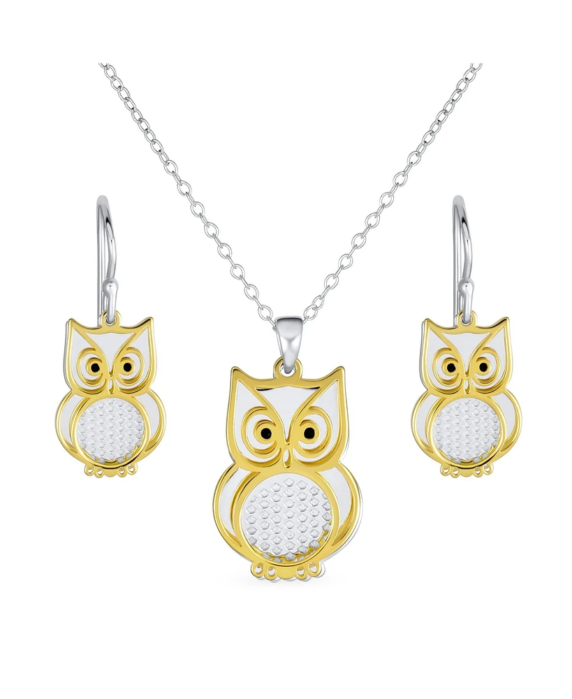 Bling Jewelry Two Tone Bird Animal Wise Graduate Dangling Owl Pendant Necklace Dangle Earrings Jewelry Set Yellow 14k Gold Plated .925 Sterling Silver
