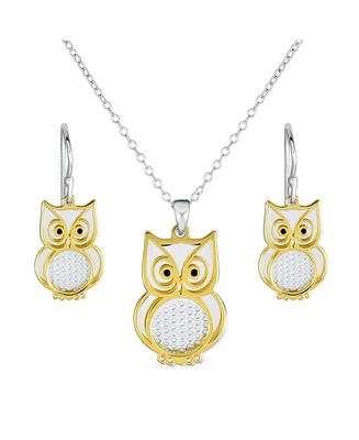 Bling Jewelry Two Tone Bird Animal Wise Graduate Dangling Owl Pendant Necklace Dangle Earrings Jewelry Set Yellow 14k Gold Plated .925 Sterling Silver