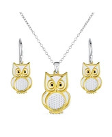 Bling Jewelry Two Tone Bird Animal Wise Graduate Dangling Owl Pendant Necklace Dangle Earrings Jewelry Set Yellow 14k Gold Plated .925 Sterling Silver