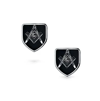 Bling Jewelry Shield Freemasons Compass Symbol Masonic Cufflinks For Men Black Enamel Two Tone Stainless Steel Hinge Bullet Back