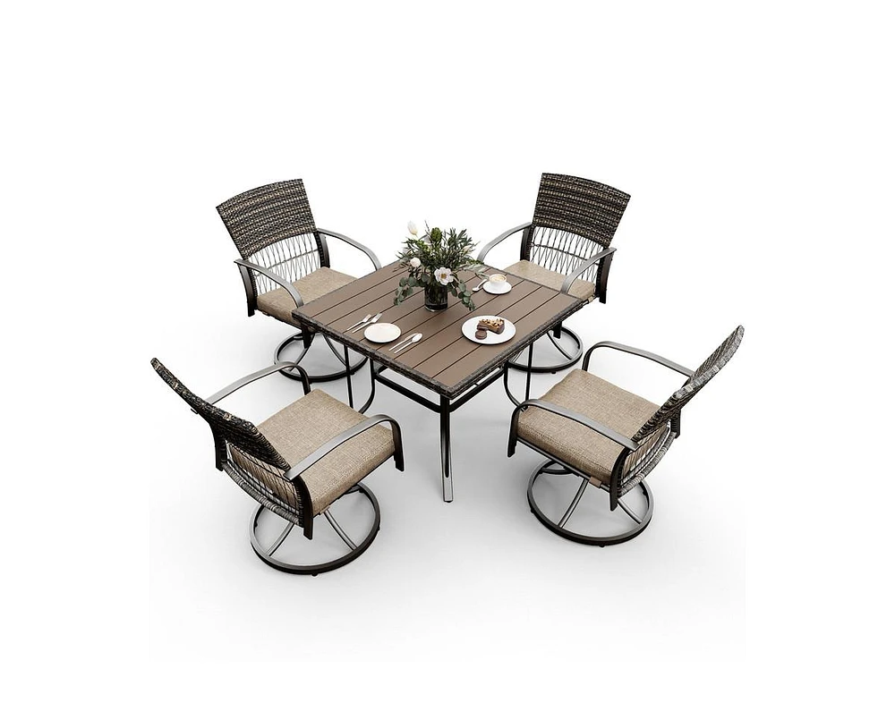 Pamapic 5-Piece Patio Outdoor Dining Set with Square Table and Rattan Swivel Chairs Green Cushion