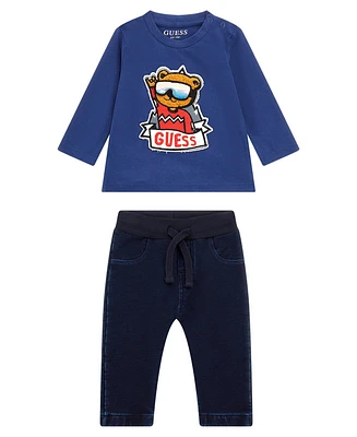 Guess Baby Boy Long Sleeve T-shirt and Knit Denim Pant, 2- Piece Set