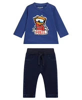 Guess Baby Boy Long Sleeve T-shirt and Knit Denim Pant, 2- Piece Set