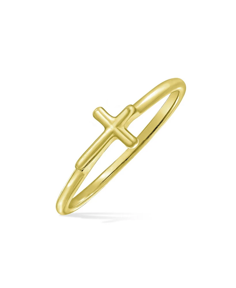 Bling Jewelry Minimalist Simple Midi Knuckle Thin 1MM Band Stackable Religious Sideways Cross Ring Gold Plated .925 Sterling Silver