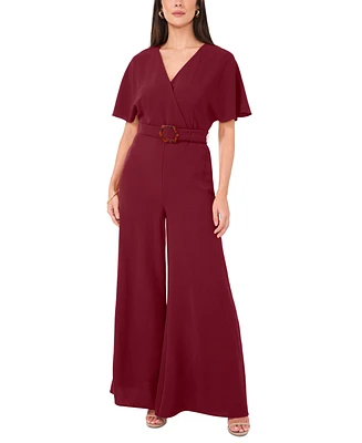 Vince Camuto Women's Plunge V-Neck Tie Waist Wide Leg Maxi Jumpsuit