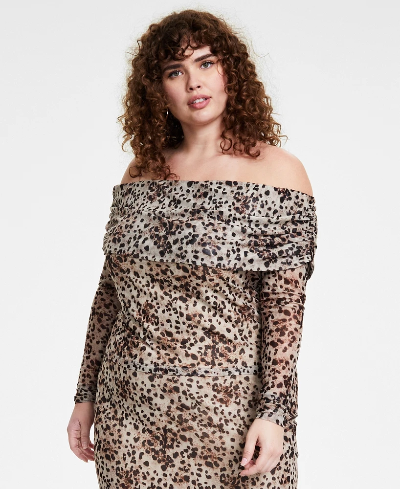 Bar Iii Trendy Plus Printed Off-the-Shoulder Mesh Top, Created for Macy's