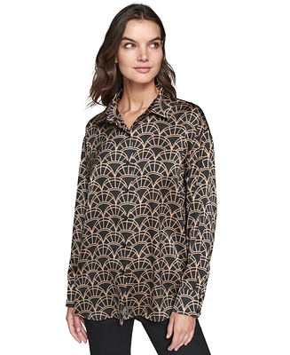 Karl Lagerfeld Paris Women's Oversized Geo-Printed Satin Button-Front Top