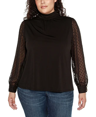 Belldini Black Label Plus Clip-Dot Chiffon Sleeve Knit Blouse