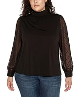 Belldini Black Label Plus Clip-Dot Chiffon Sleeve Knit Blouse