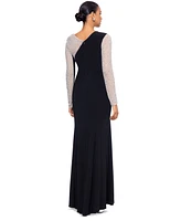 Xscape Women's Asymmetrical Rhinestone-Mesh-Sleeve Gown