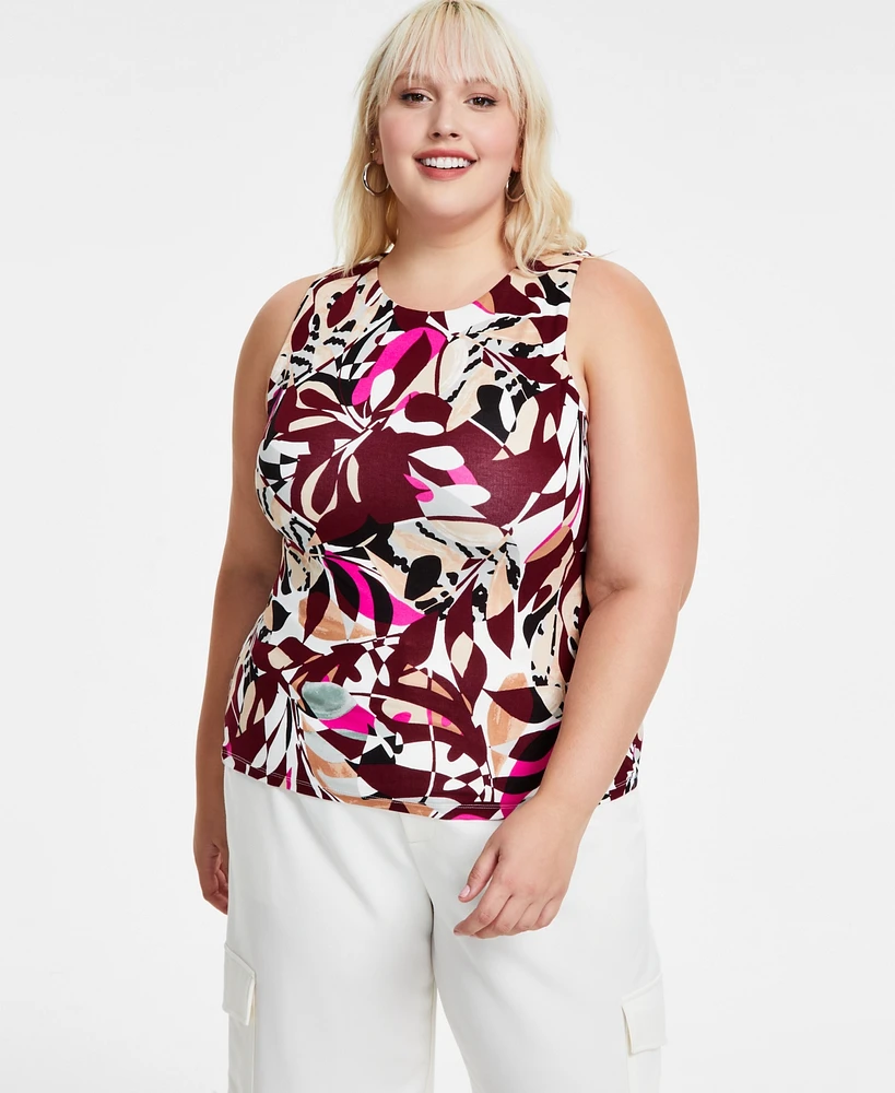 Bar Iii Trendy Plus Size Printed Sleeveless Jersey Crewneck Top, Created for Macy's