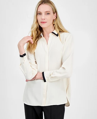 Anne Klein Women's Contrast-Trim Button-Front Blouse