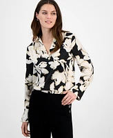 Anne Klein Women's Floral-Print V-Neck Cuffed Blouse