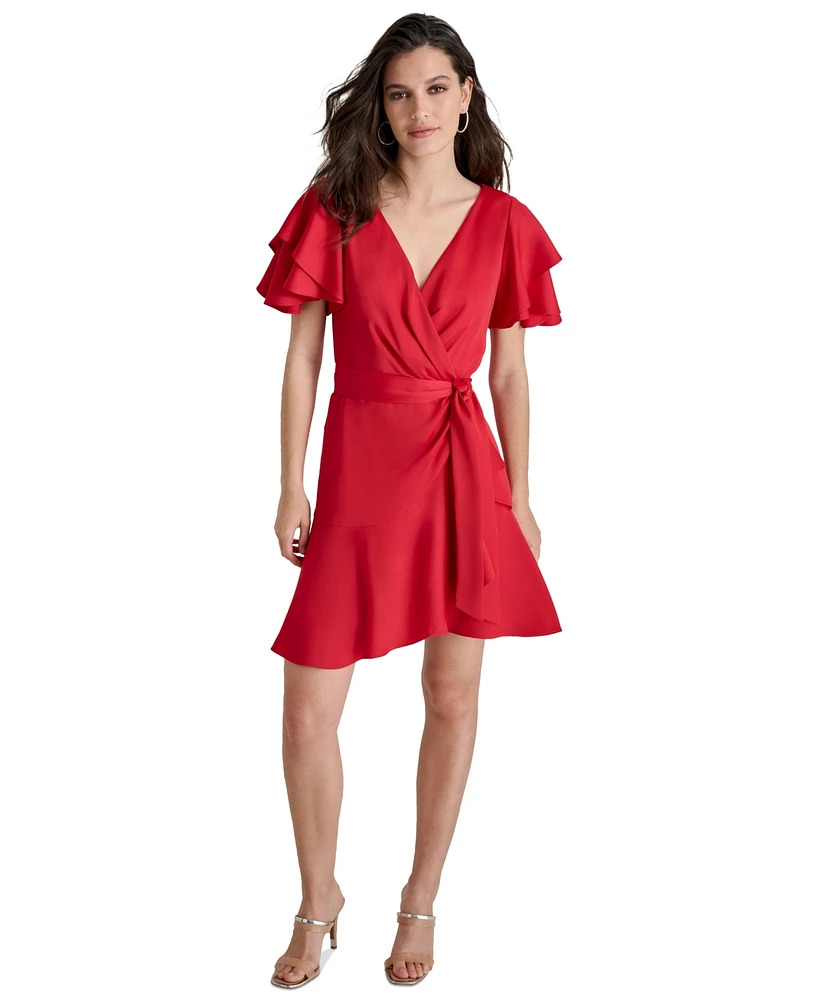 Dkny Petite Satin Flutter-Sleeve Tiered Dress