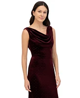 Eliza J Petite Cowlneck Velvet Rhinestone-Dotted Evening Gown