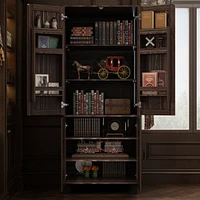 Famapy Dark Brown Wood Standard Bookcase Bookshelf With 4-Doors, Side Cabinets, (31.5 in. Wide x 78.7 in. Height)