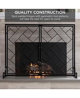 Best Choice Products 44x33in 2-Panel Handcrafted Wrought Iron Geometric Fireplace Screen w/ Magnetic Doors