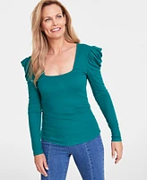 I.n.c. International Concepts Women's Puff-Sleeve Square-Neck Ribbed Top, Created for Macy's