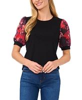 CeCe Women's Mixed Media Puff Sleeve Top