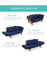Best Choice Products Outdoor Convertible Acacia Wood Futon Sofa w/ Pullout Tray, 4 Pillows, All-Weather Cushion - Navy