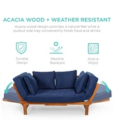 Best Choice Products Outdoor Convertible Acacia Wood Futon Sofa w/ Pullout Tray, 4 Pillows, All-Weather Cushion - Navy