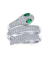 Bling Jewelry Cz Micro Pave Green Eye Stackable Bypass Wrap Wide Statement Serpent Snake Ring Open Adjustable .925 Sterling Sliver