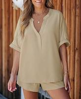 Cupshe Women's Khaki Short Sleeve Top & Straight Leg Shorts Set