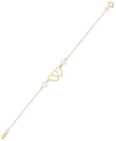 Cultured Freshwater Pearl (4-1/2mm) Double Heart Link Bracelet in 14k Gold