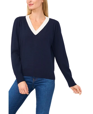 CeCe Women's Contrast Collar V-Neck Sweater