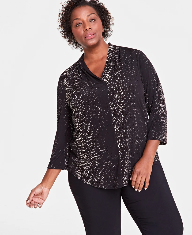 Jm Collection Plus Printed V-Neck 3/4-Sleeve Top, Created for Macy's