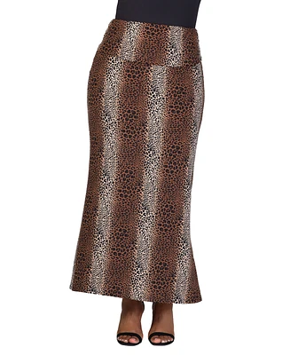 24seven Comfort Apparel Plus Fold Over Waist Printed Maxi Skirt