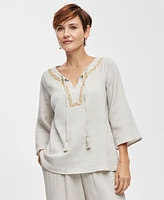 Jm Collection Women's Cotton Embellished Split-Neck Top, Exclusively at Macy's