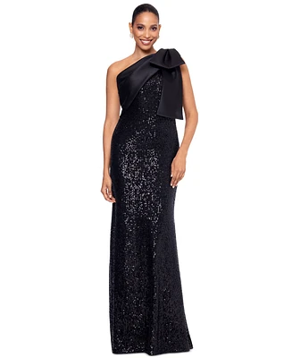 Betsy & Adam Women's Asymmetric Sequin Bow Sleeveless Gown