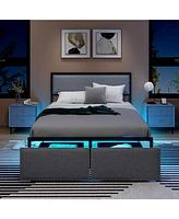 Gymax Full Size Bed Frame w/ 2 Storage Drawers Led Lights Slats Support Modern