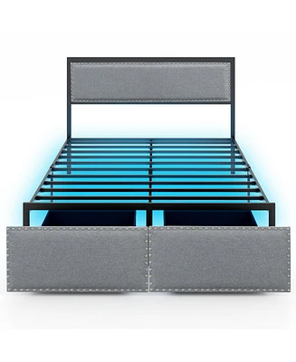 Gymax Full Size Bed Frame w/ 2 Storage Drawers Led Lights Slats Support Modern