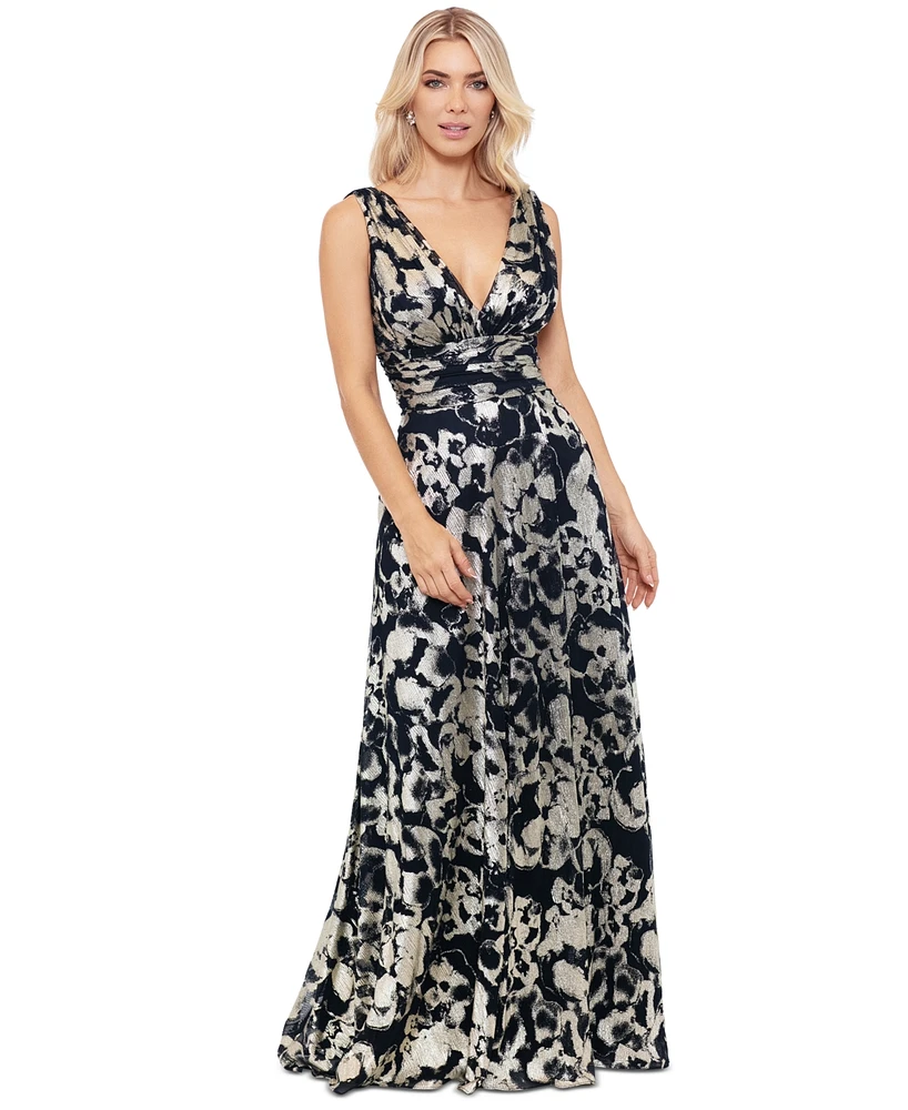 Betsy & Adam Petite Metallic Floral-Print Evening Gown