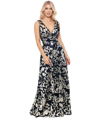 Betsy & Adam Petite Metallic Floral-Print Evening Gown