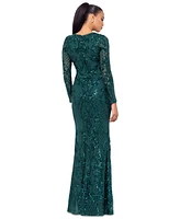 Betsy & Adam Petite Sequinned Mesh-Sleeve Evening Gown