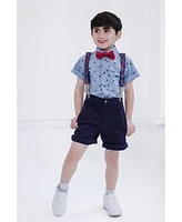 Marvel Toddler Boys Spider-Man Button Down Shirt Twill Pants Suspenders and Bow-Tie 4 Piece Outfit Set to - Short