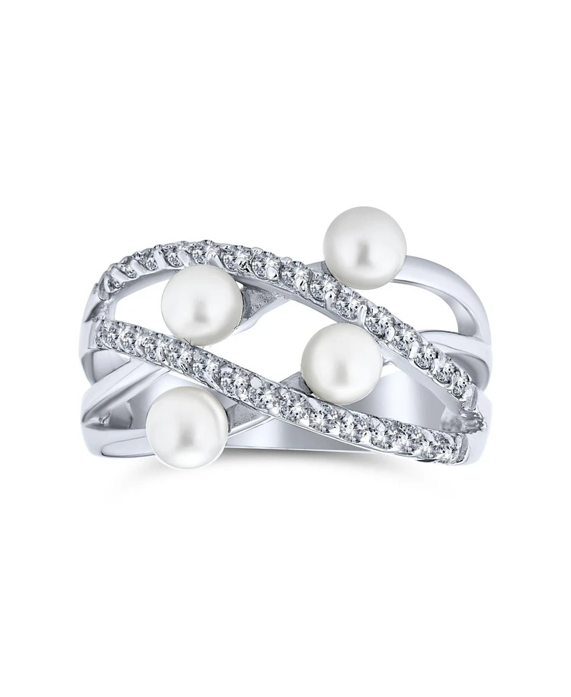 Bling Jewelry Crossover Criss Cross Stacking Style Fashion Statement White Pearl Band Ring .925 Sterling Silver