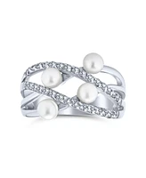 Bling Jewelry Crossover Criss Cross Stacking Style Fashion Statement White Pearl Band Ring .925 Sterling Silver