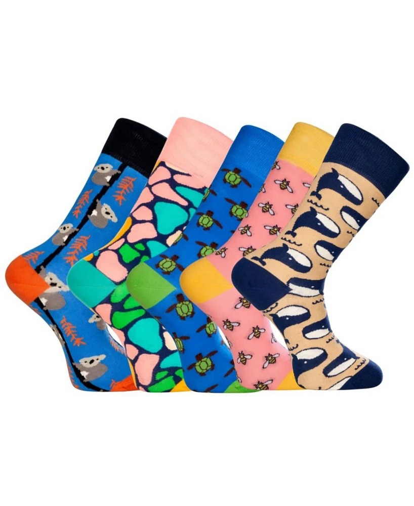 Love Sock Company Men's Luxury Cotton Patterned Novelty Crew Socks with Seamless Toe. Novelty Animals Bundle Sock, Pack Of 5