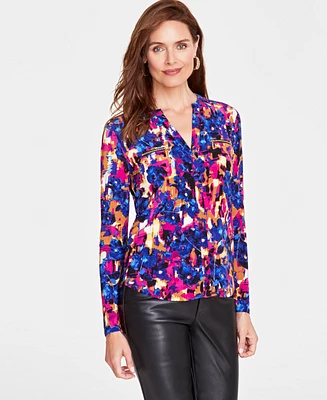 I.n.c. International Concepts Women's Printed Zip-Pocket Long-Sleeve Top, Created for Macy's